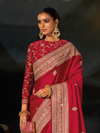 Crimson Red Embroidered Designer Satin Silk Saree