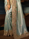 Mint Green Embroidered Designer Tissue Silk Saree With Contrast Blouse