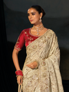 Ivory Embroidered Designer Silk Saree With Contrast Blouse