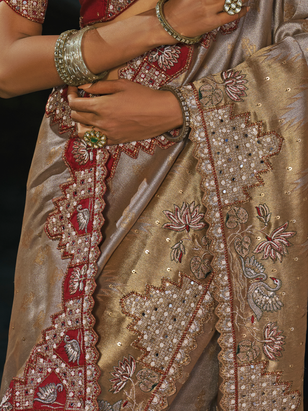 Champagne Embroidered Designer Tissue Silk Saree With Contrast Blouse