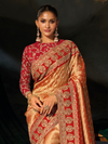 Golden Orange Embroidered Designer Tissue Silk Saree With Contrast Blouse