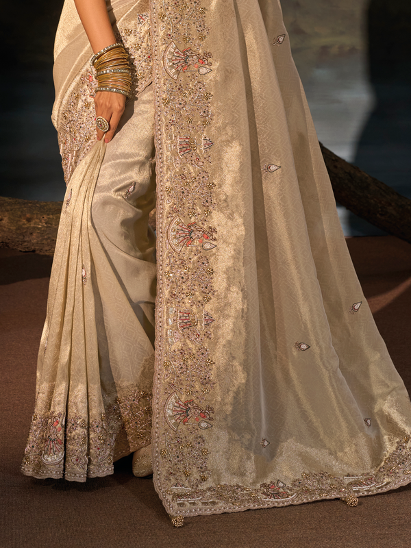 Champagne Embroidered Designer Tissue Silk Saree With Contrast Blouse