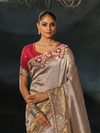 Silver Grey Embroidered Designer Tissue Silk Saree With Contrast Blouse
