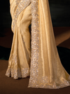 Cream Gold Embroidered Designer Tissue Silk Saree With Contrast Blouse