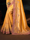 Golden Yellow Embroidered Designer Tissue Silk Saree With Contrast Blouse