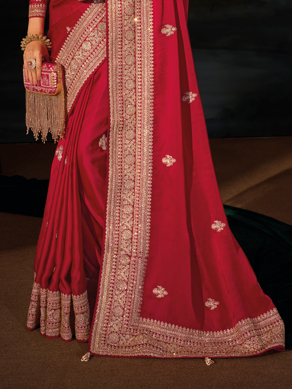 Crimson Red Embroidered Designer Satin Silk Saree