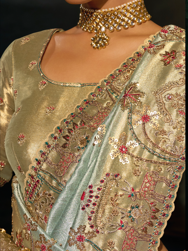 Mint Green Embroidered Designer Tissue Silk Saree With Contrast Blouse