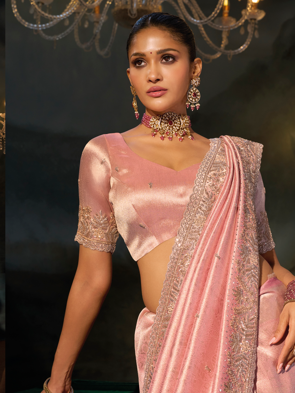 Blush Pink Embroidered Designer Tissue Silk Saree