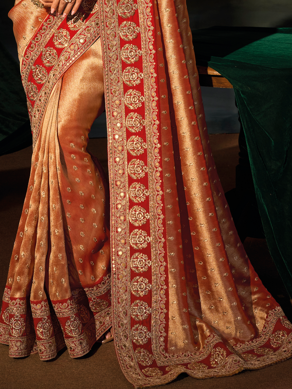 Golden Orange Embroidered Designer Tissue Silk Saree With Contrast Blouse