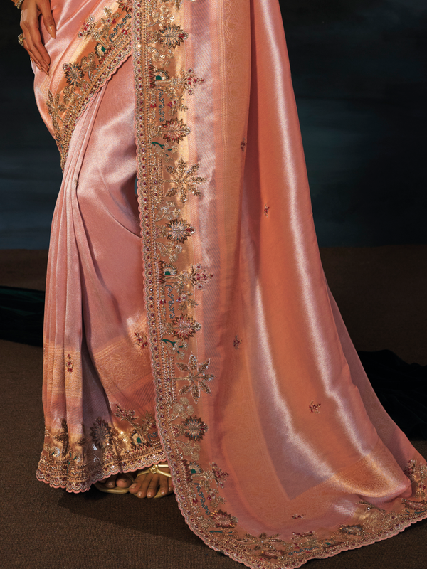 Peach Pink Embroidered Designer Tissue Silk Saree