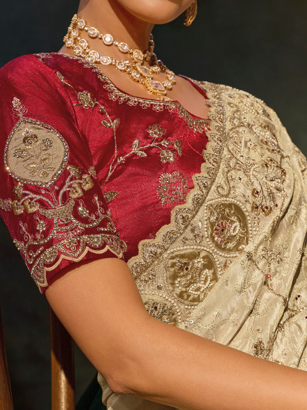 Ivory Embroidered Designer Silk Saree With Contrast Blouse