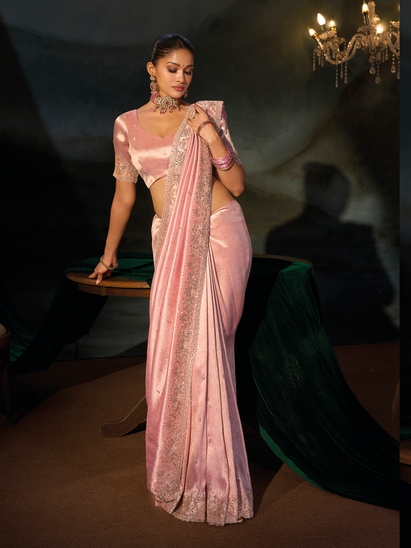 Blush Pink Embroidered Designer Tissue Silk Saree