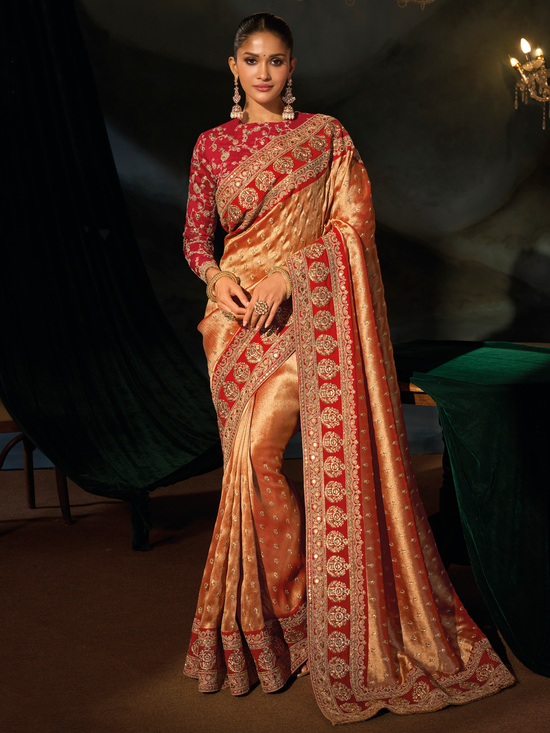Golden Orange Embroidered Designer Tissue Silk Saree With Contrast Blouse