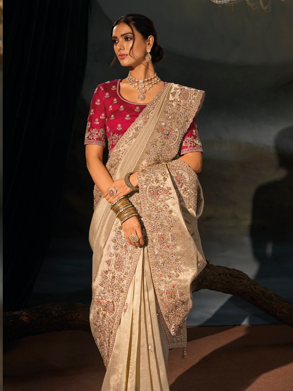 Champagne Embroidered Designer Tissue Silk Saree With Contrast Blouse