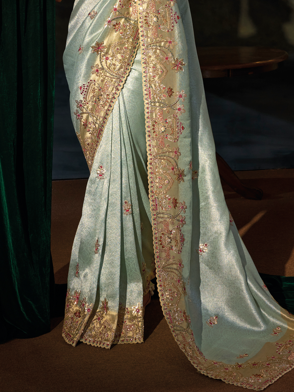 Mint Green Embroidered Designer Tissue Silk Saree With Contrast Blouse