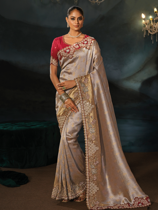 Silver Grey Embroidered Designer Tissue Silk Saree With Contrast Blouse