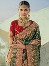 Bottle Green Patola Silk Saree With Contrast Blouse