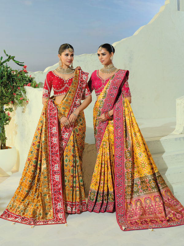 Sunshine Yellow Patola Silk Saree With Contrast Blouse