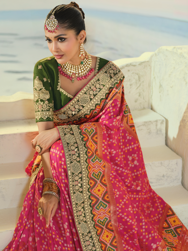 Rani Pink Patola Silk Saree With Contrast Blouse