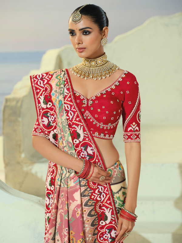 Ivory Cream Patola Silk Saree With Contrast Blouse
