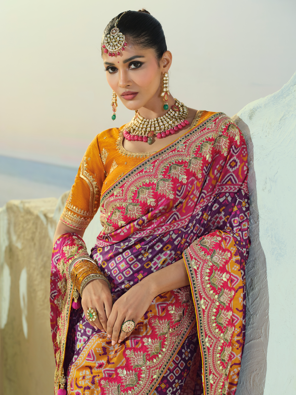 Royal Purple Patola Silk Saree With Contrast Blouse