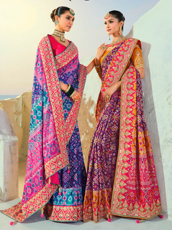 Royal Blue Patola Silk Saree With Contrast Blouse