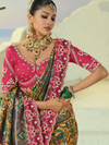 Teal Green Patola Silk Saree With Contrast Blouse