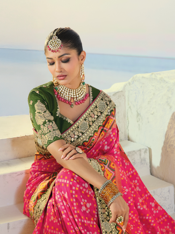 Rani Pink Patola Silk Saree With Contrast Blouse