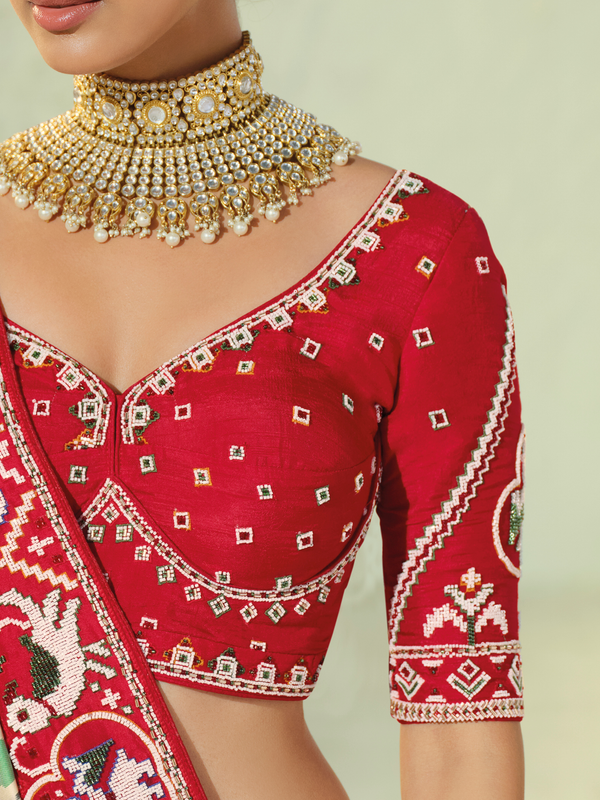 Ivory Cream Patola Silk Saree With Contrast Blouse