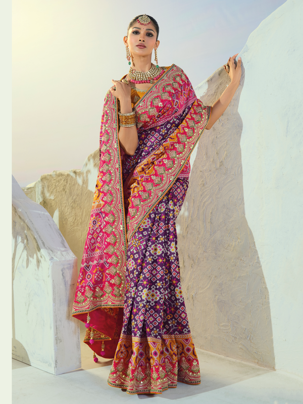 Royal Purple Patola Silk Saree With Contrast Blouse