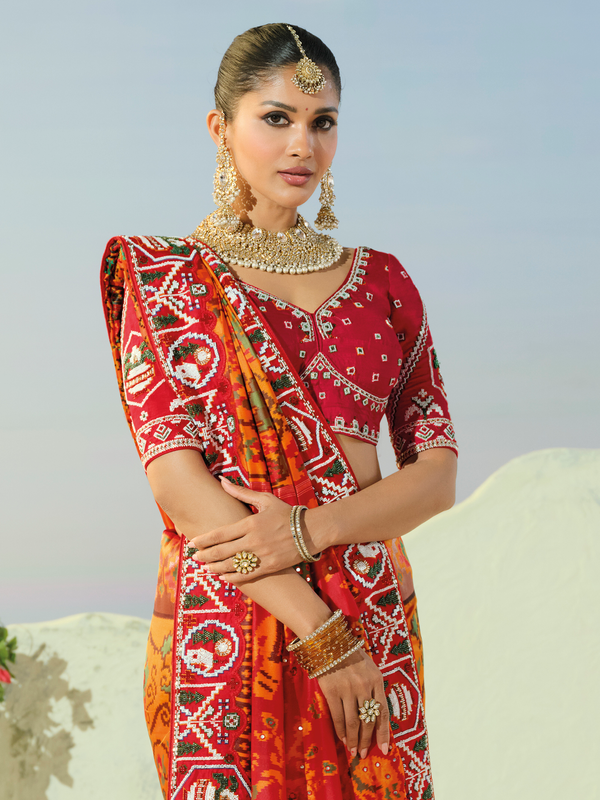 Saffron Orange Patola Silk Saree With Contrast Blouse