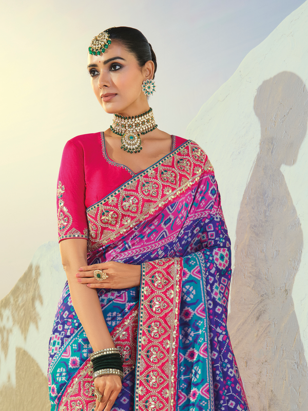 Royal Blue Patola Silk Saree With Contrast Blouse