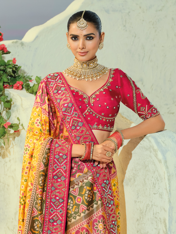 Sunshine Yellow Patola Silk Saree With Contrast Blouse