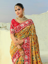 Mustard Yellow Patola Silk Saree With Contrast Blouse