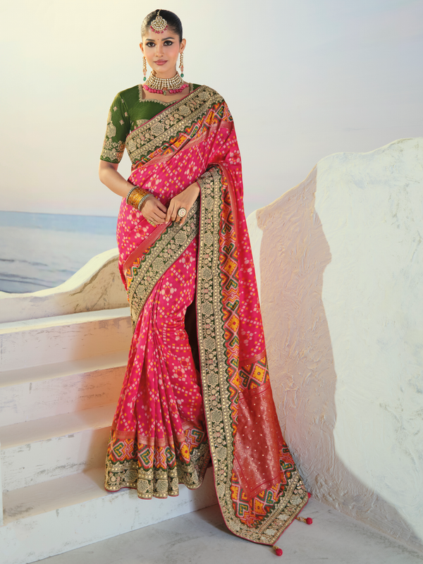 Rani Pink Patola Silk Saree With Contrast Blouse