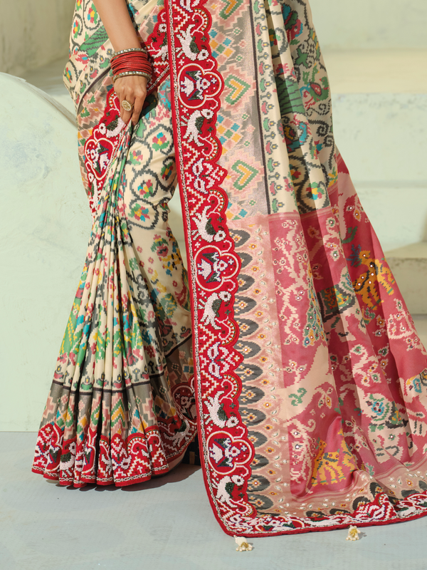 Ivory Cream Patola Silk Saree With Contrast Blouse
