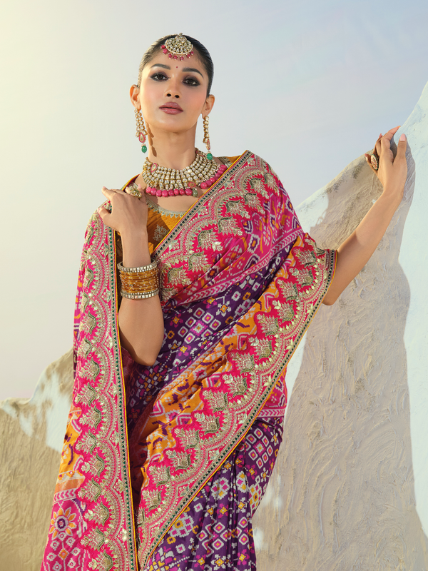 Royal Purple Patola Silk Saree With Contrast Blouse