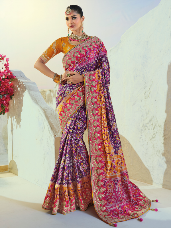 Royal Purple Patola Silk Saree With Contrast Blouse