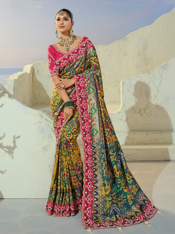 Teal Green Patola Silk Saree With Contrast Blouse