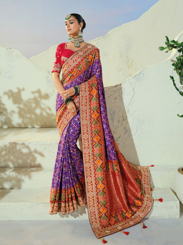 Violet Purple Patola Silk Saree With Contrast Blouse