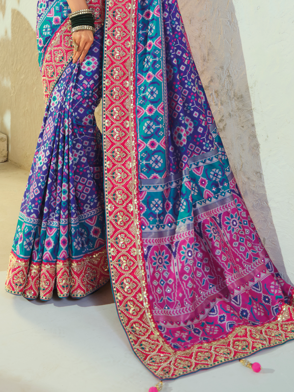 Royal Blue Patola Silk Saree With Contrast Blouse