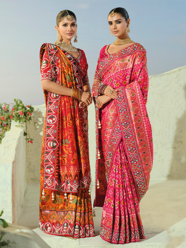 Saffron Orange Patola Silk Saree With Contrast Blouse