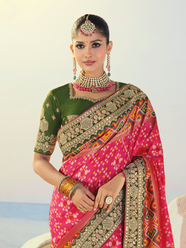 Rani Pink Patola Silk Saree With Contrast Blouse