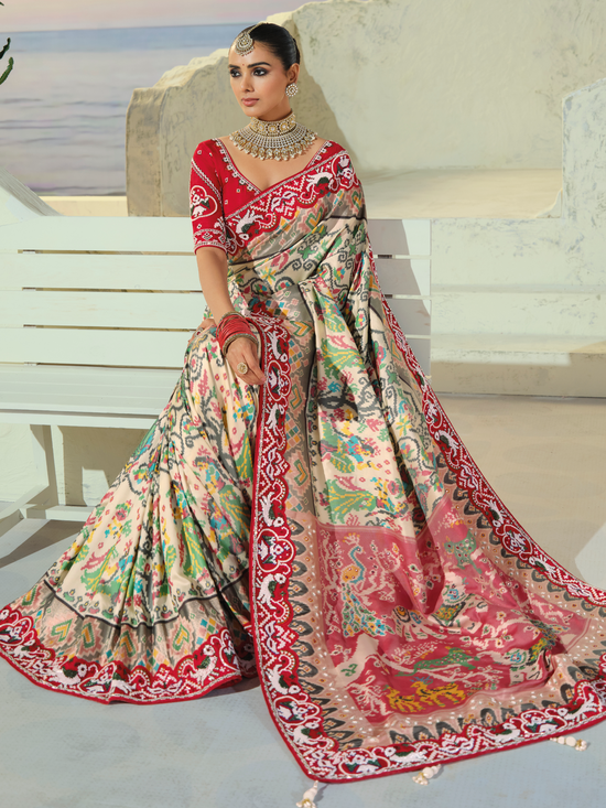 Ivory Cream Patola Silk Saree With Contrast Blouse