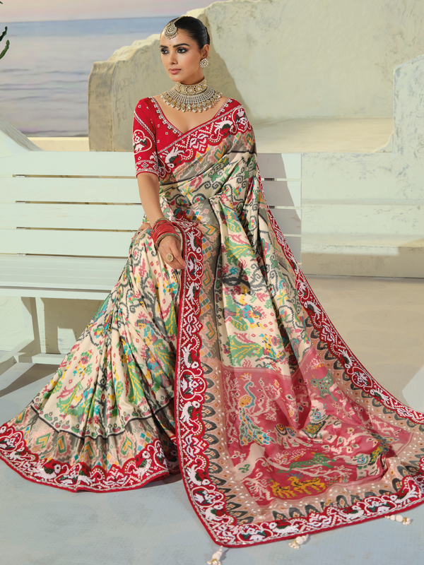 Ivory Cream Patola Silk Saree With Contrast Blouse