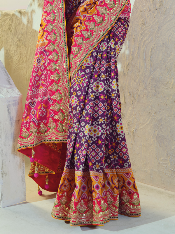 Royal Purple Patola Silk Saree With Contrast Blouse