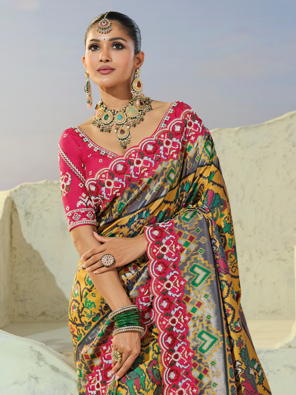 Teal Green Patola Silk Saree With Contrast Blouse
