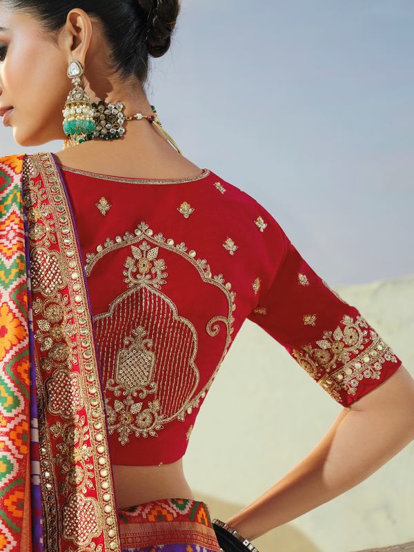Violet Purple Patola Silk Saree With Contrast Blouse