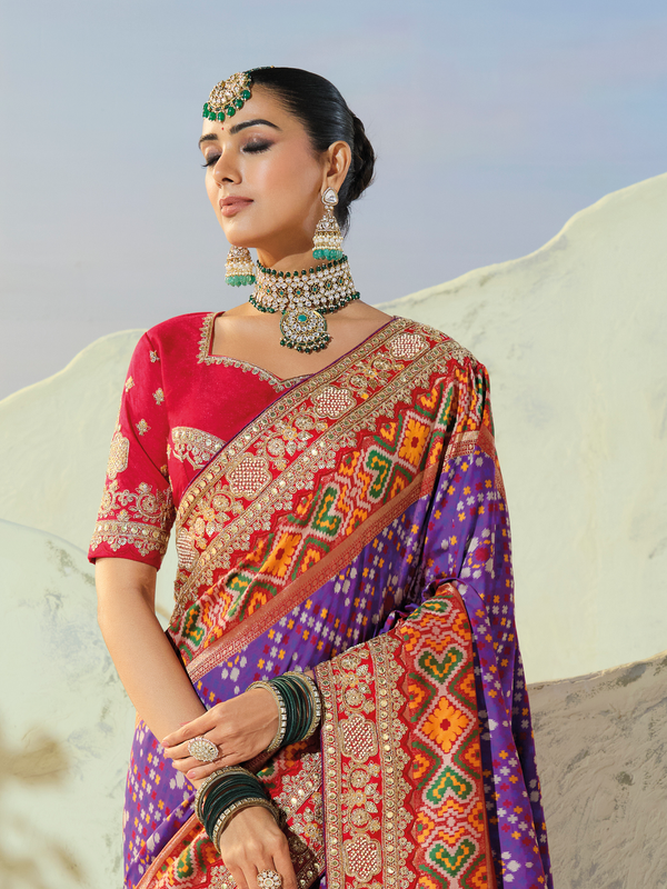Violet Purple Patola Silk Saree With Contrast Blouse