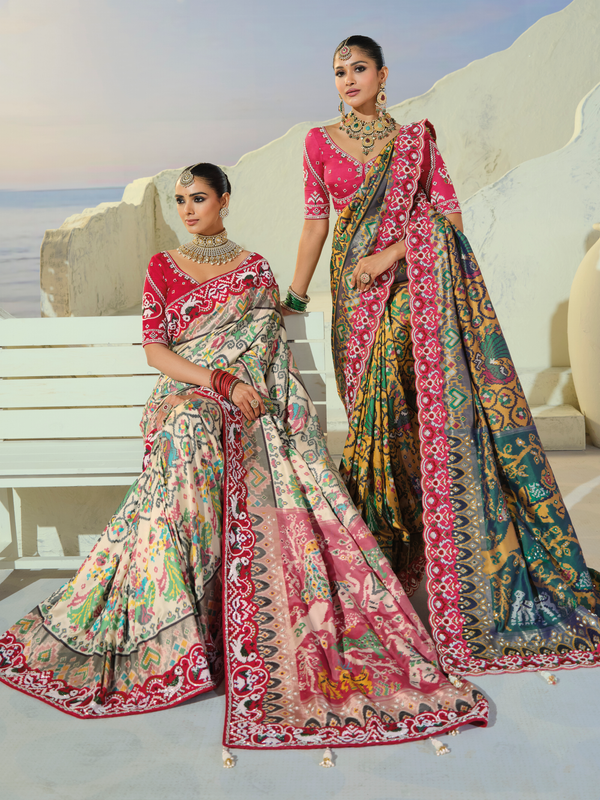 Ivory Cream Patola Silk Saree With Contrast Blouse